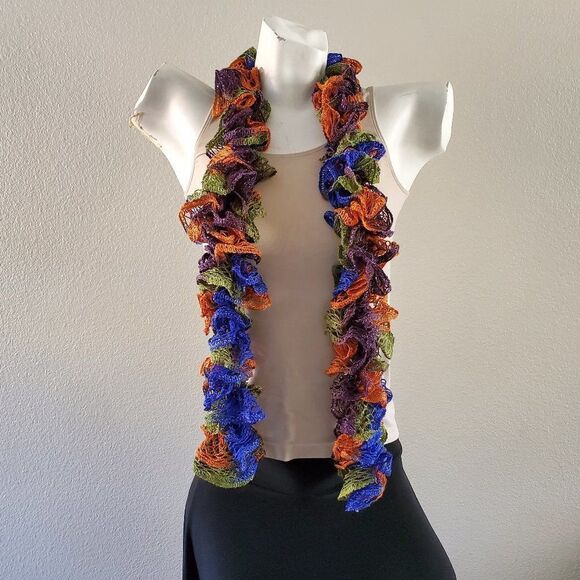 BOGO Scarf Sale - Hand Crafted crochet orange green blue and purple ruffle scarf - Picture 3 of 6